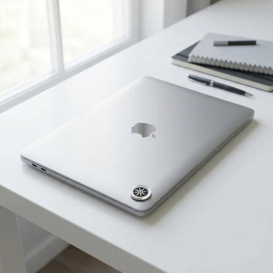BioShield EMF Chip — the holographic adhesive disc applied to the lid of a silver laptop on a white desk