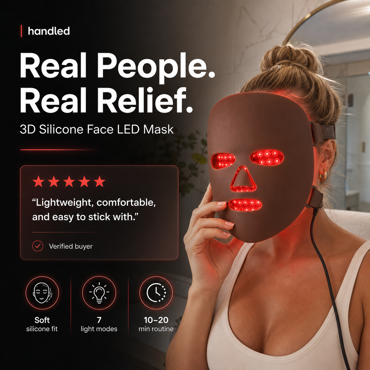 Handled 3D Silicone Face LED Mask - Salon Level Skin Therapy From Home