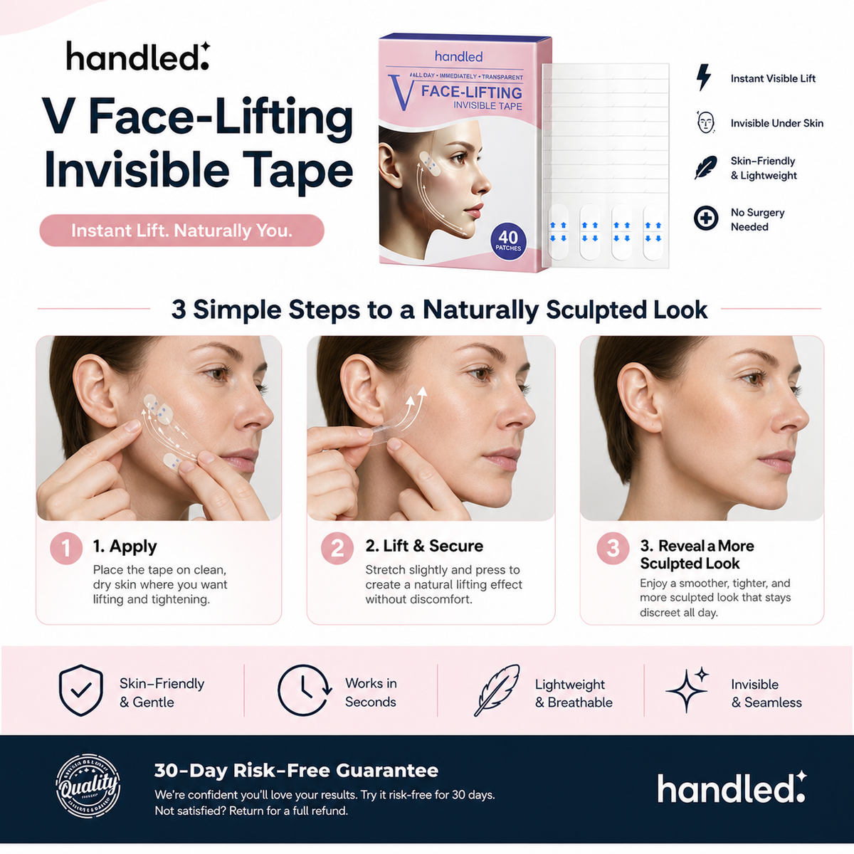 Handled V Face-Lifting Invisible Tape — three-step guide: apply, lift and secure, finished look