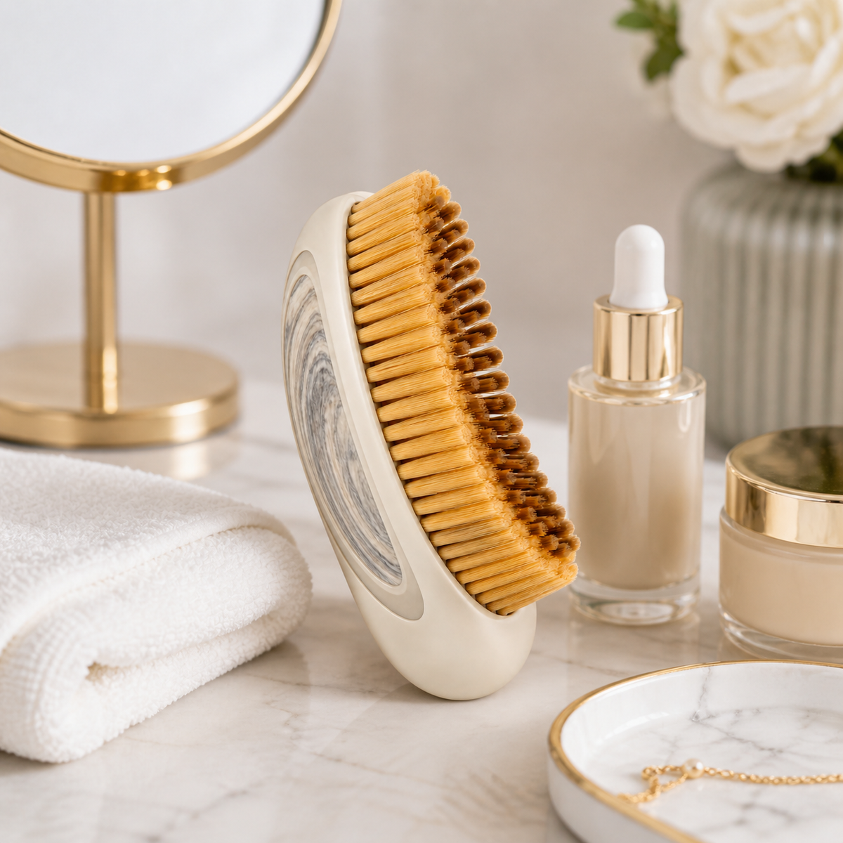 Handled Lymphatic Contour Face Brush — the brush on a bathroom counter beside a serum and towel