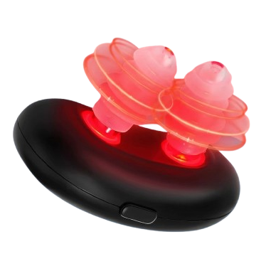 Black electronic device with red glowing components on a white background