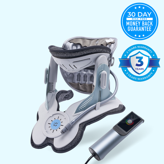 SpineEase cervical traction device supporting a relaxed neck during an at-home decompression session