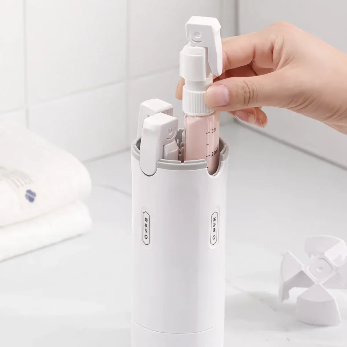 Handled Portable Travel Dispenser - Carry 4 Essentials in One Compact Bottle
