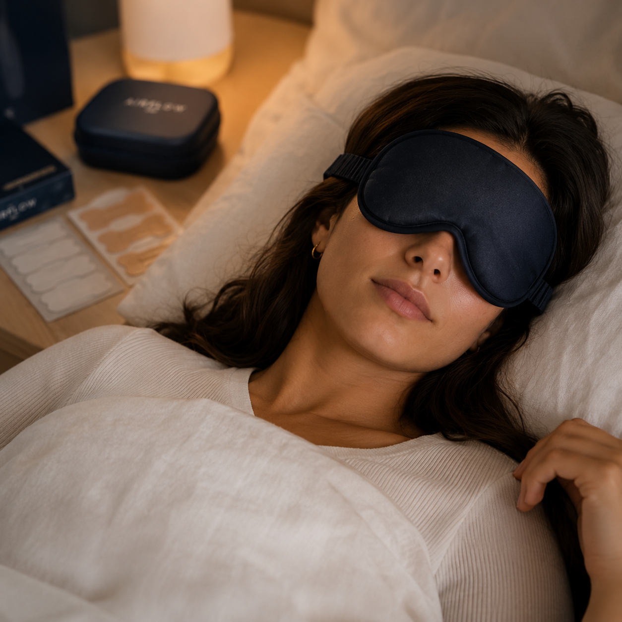Person resting in bed with a navy sleep mask as part of the Airflow nighttime routine