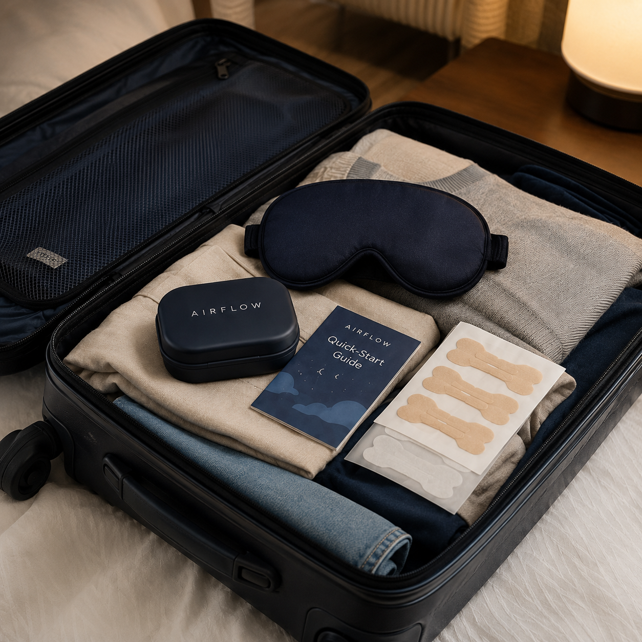 Airflow Sleep Kit packed in a suitcase with sleep mask travel tin nasal strips and quick start guide
