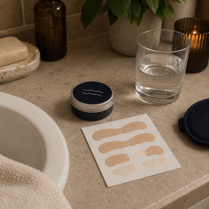 Airflow Sleep Kit nasal strips and travel tin arranged on a bathroom vanity