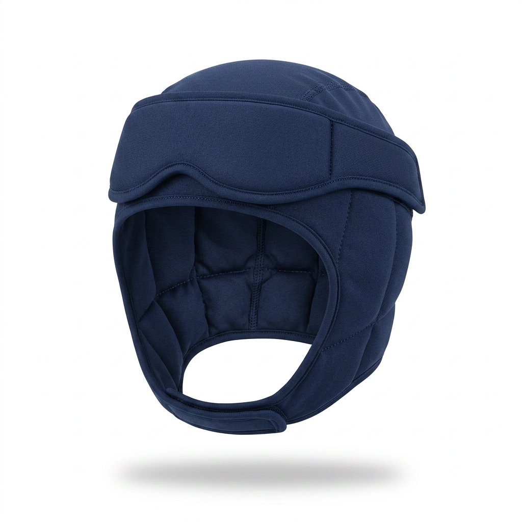 DriveOn ColdLock Migraine Cap in navy, front view with the sliding eye panel raised