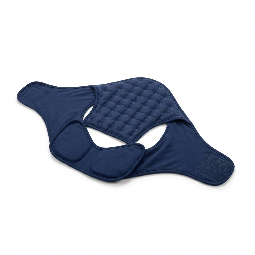 DriveOn ColdLock Migraine Cap laid flat, showing the quilted gel panel and hook-and-loop closures