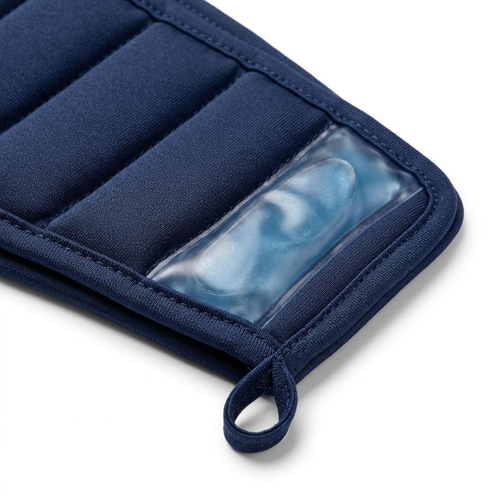 Close-up detail of the DriveOn ColdLock Migraine Cap fabric with the gel visible through its window