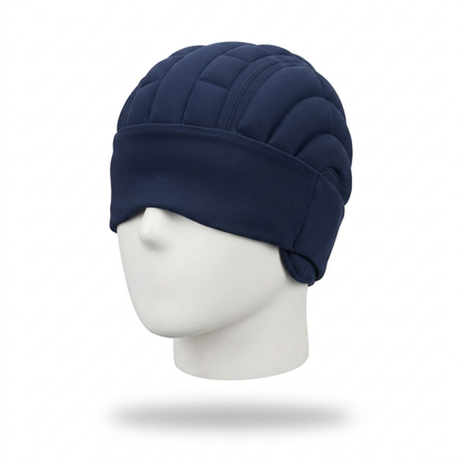DriveOn ColdLock Migraine Cap worn on a mannequin head with the eye panel slid down