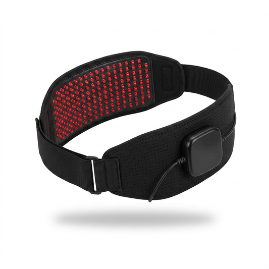 DriveOn ContactDose 360 Red Light Therapy Belt shown at an angle with its 120-diode red light array facing forward