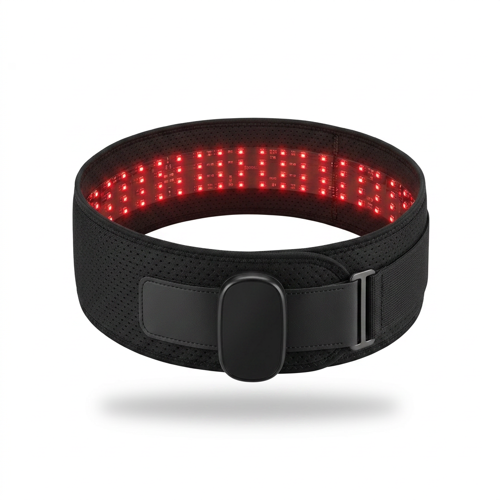DriveOn ContactDose 360 Red Light Therapy Belt fastened in a loop with its red diodes switched on