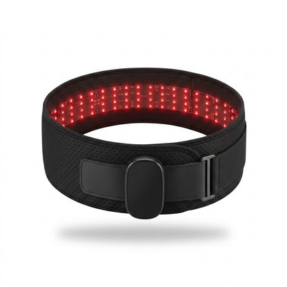 DriveOn ContactDose 360 Red Light Therapy Belt fastened in a loop with its red diodes switched on