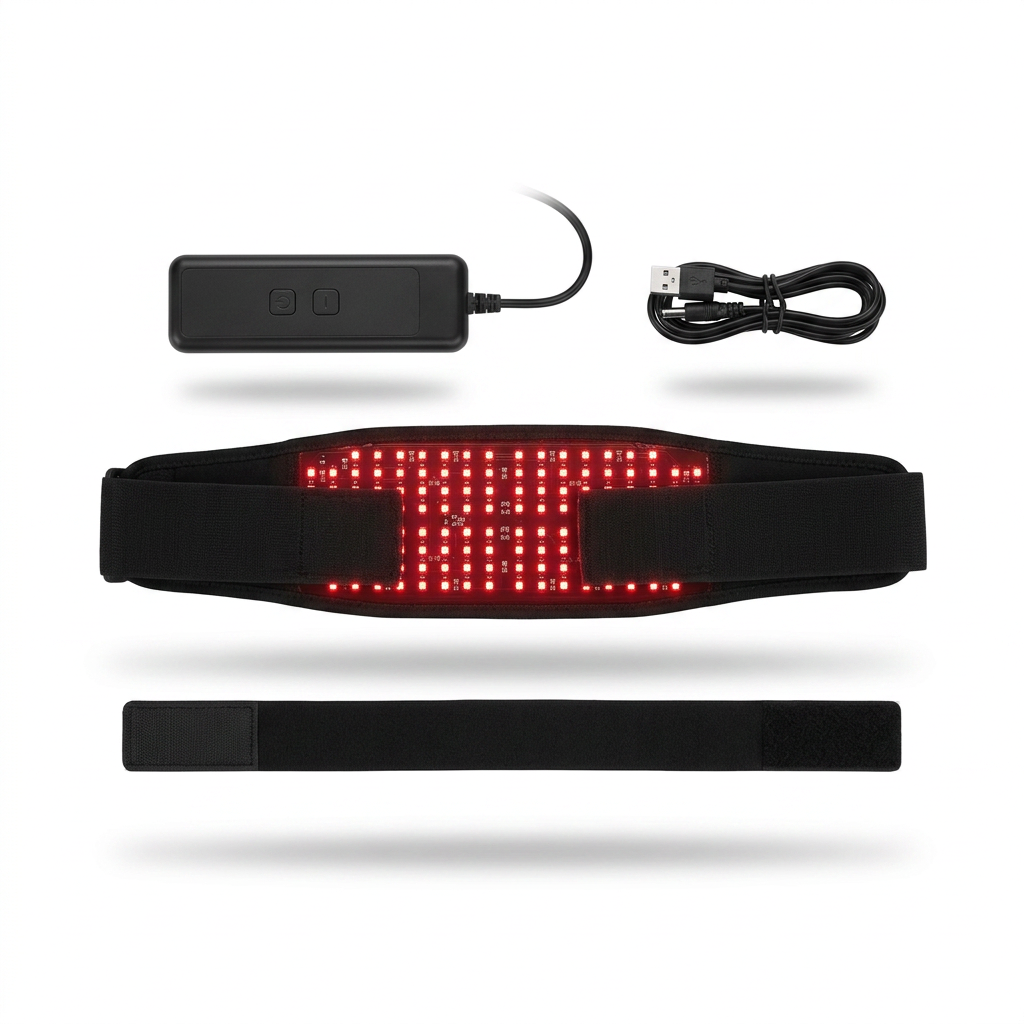 DriveOn ContactDose 360 Red Light Therapy Belt laid flat with controller, USB cable and extension strap