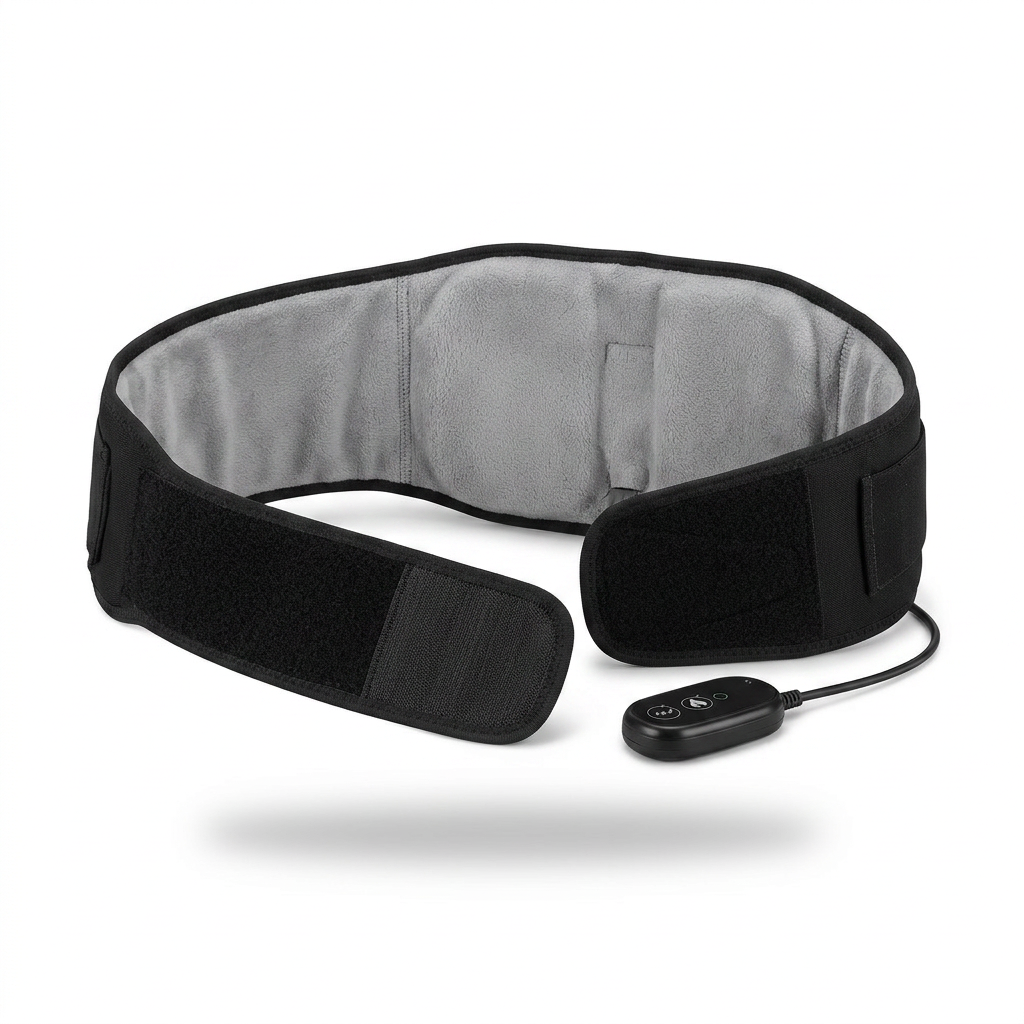 DriveOn CoreRelief 5-in-1 Therapy Belt opened flat showing the soft grey inner lining and corded remote control