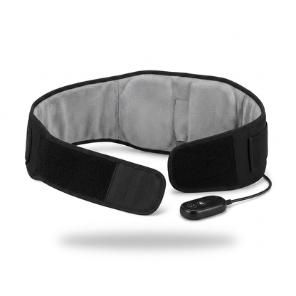 DriveOn CoreRelief 5-in-1 Therapy Belt opened flat showing the soft grey inner lining and corded remote control