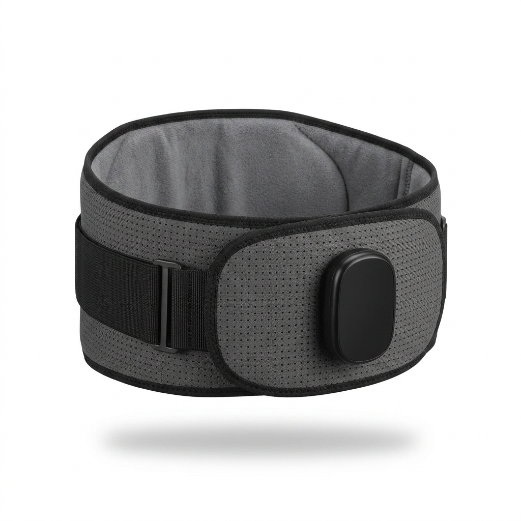 DriveOn CoreRelief 5-in-1 Therapy Belt fastened in its worn shape, showing the lumbar panel, control module and adjustment strap