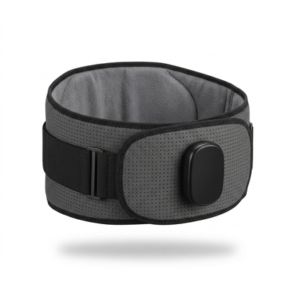 DriveOn CoreRelief 5-in-1 Therapy Belt fastened in its worn shape, showing the lumbar panel, control module and adjustment strap