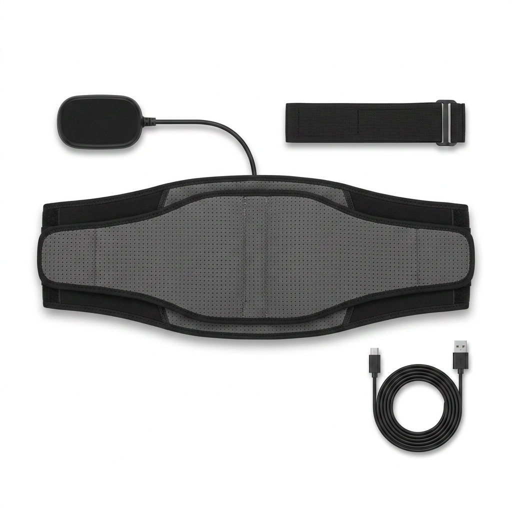 What's included with the DriveOn CoreRelief 5-in-1 Therapy Belt: belt, control module, extension strap and USB charging cable