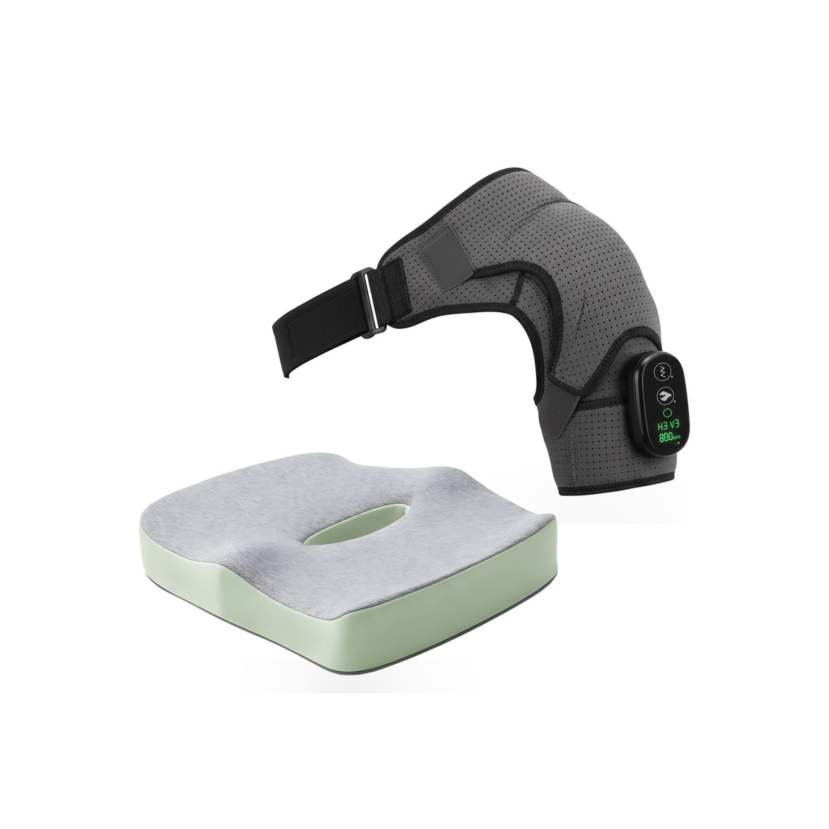 Desk Worker's Kit — everything included: the DeepRelief Shoulder Wrap behind the ComfortCore 3-zone memory foam cushion