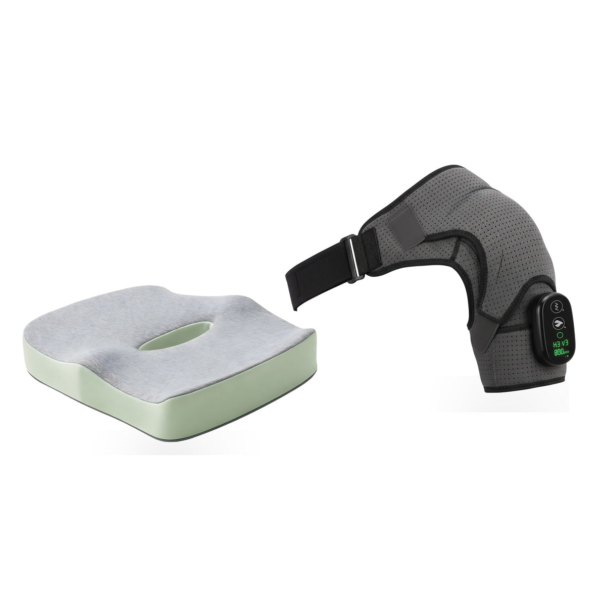 Desk Worker's Kit — the ComfortCore ergonomic seat cushion and the DeepRelief Shoulder Wrap shown side by side on white