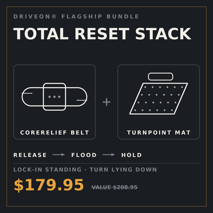 DriveOn® Total Reset Stack bundle card showing the CoreRelief Belt and TurnPoint Mat with bundle pricing