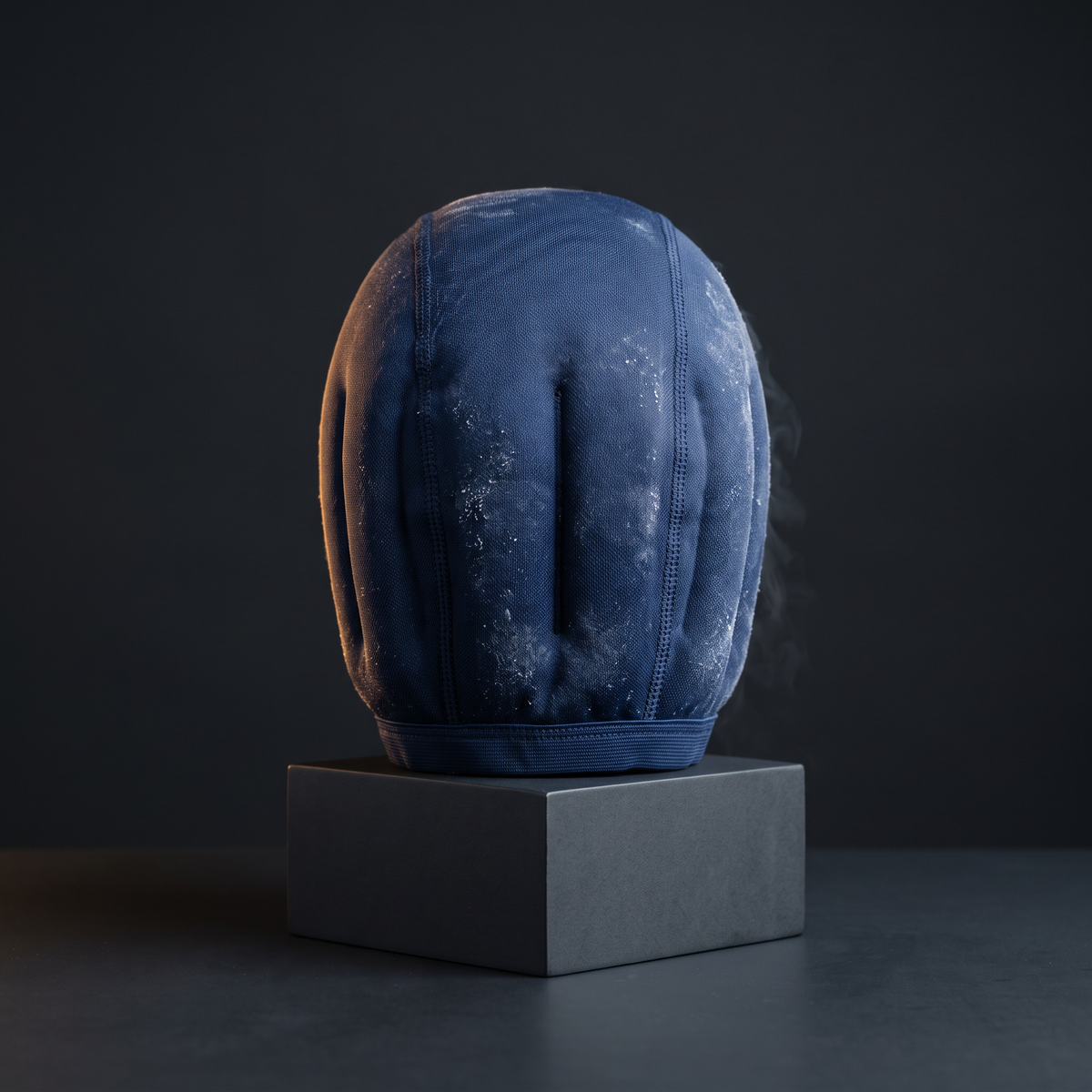 Chilled DriveOn ColdLock Migraine Cap with frost on the fabric, displayed on a stand