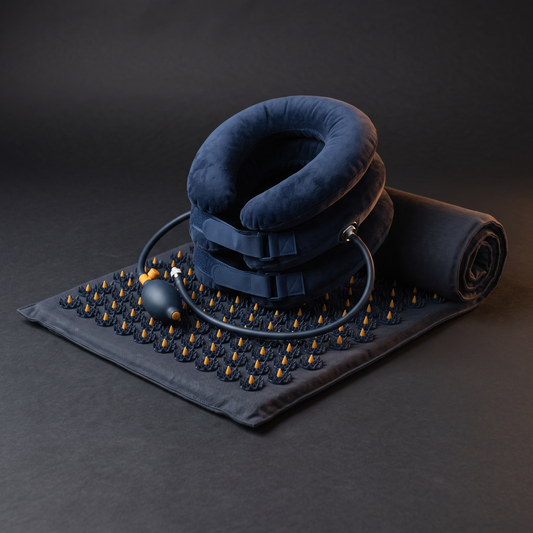 DriveOn Desk Undo Stack product photo: navy TurnPoint acupressure mat with LiftEase three-chamber inflatable neck traction collar and rolled mat
