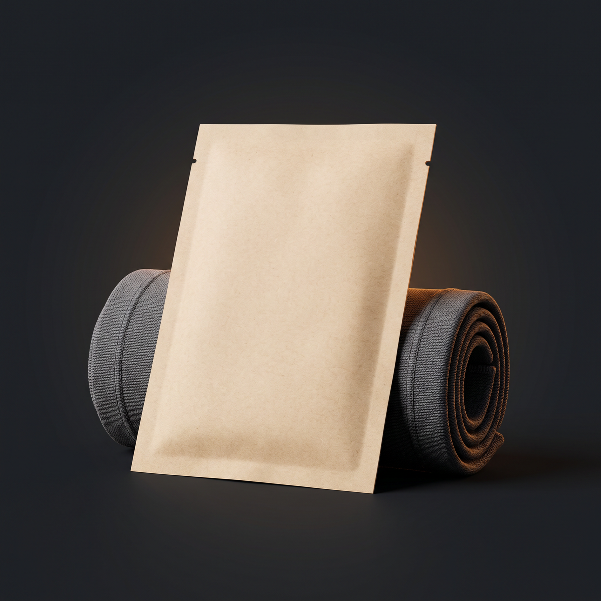 DriveOn Knee Rescue Stack contents: kraft ThermaKnee patch sachet resting against the rolled dark grey ThermaWeave knee sleeve