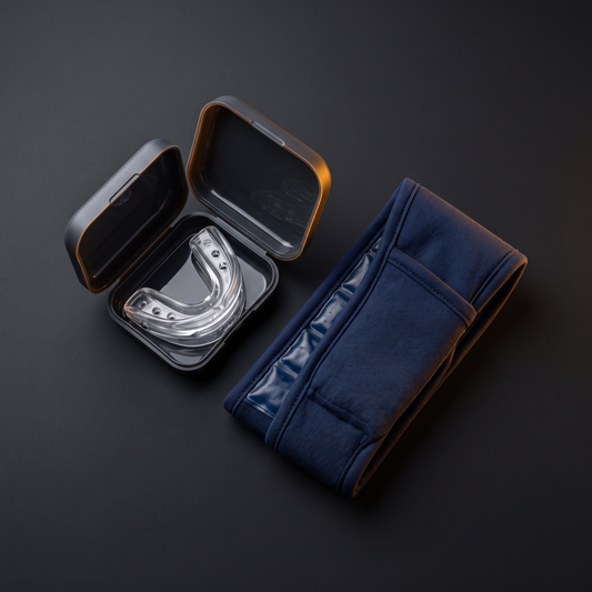 DriveOn Silent Night Stack bundle contents: SoniRest boil-and-bite anti-snoring mouthpiece in its open travel case beside the folded navy ColdLock migraine cap, arranged on a dark surface