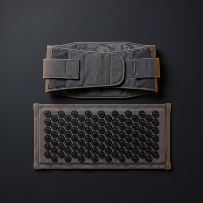 DriveOn® Total Reset Stack — gray CoreRelief therapy belt and TurnPoint acupressure mat laid flat on a dark surface
