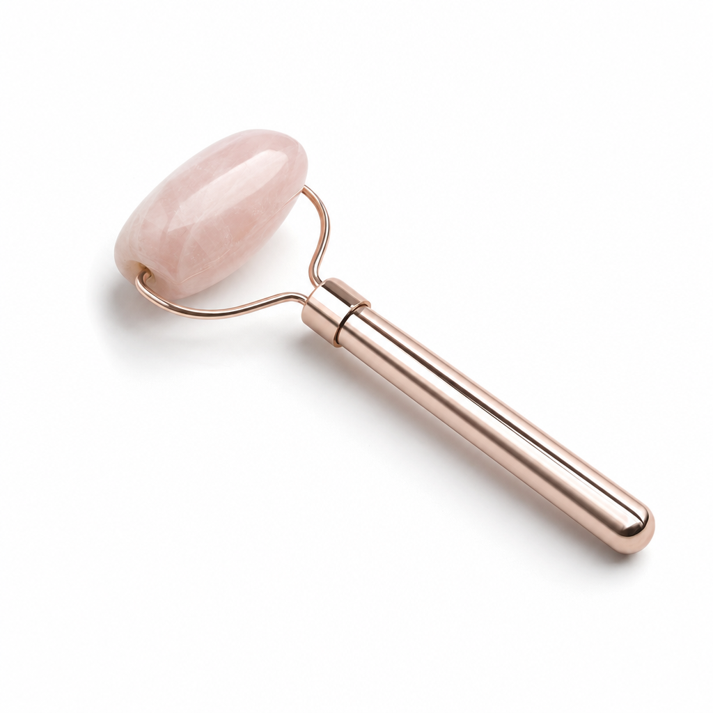 Glow Facial Massage Tool shown at an angle on a plain white surface, a manual roller with a stone head and slim handle