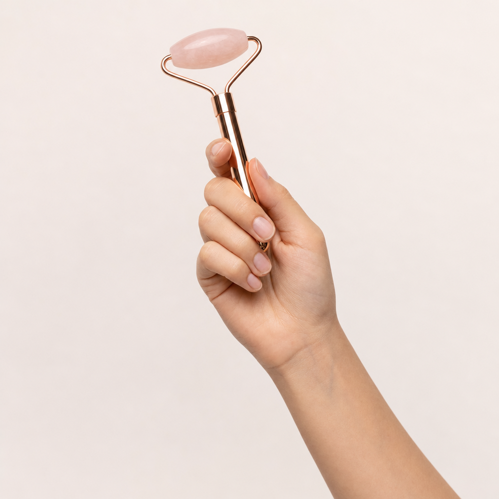 The Glow Facial Massage Tool held in one hand, showing its size