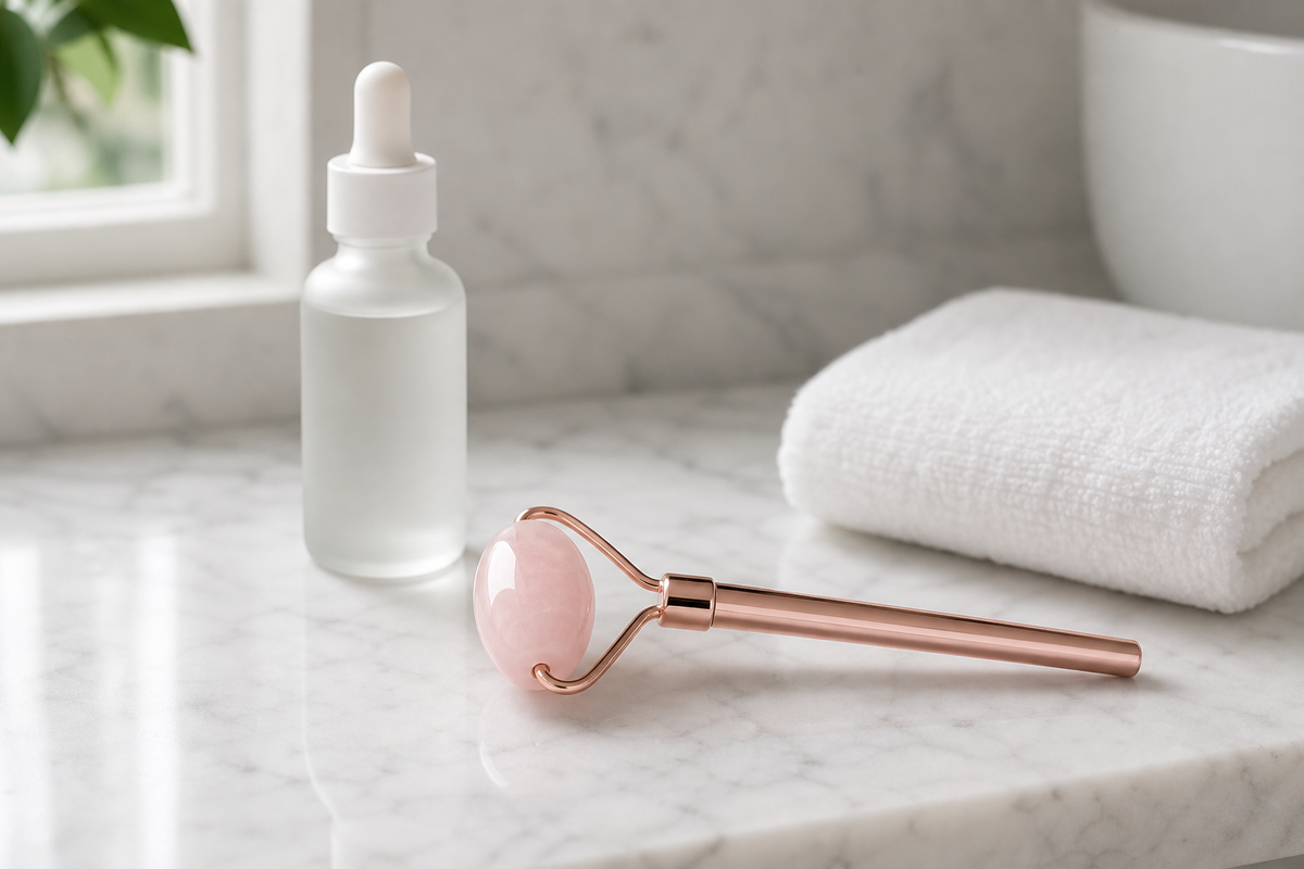 The Glow Facial Massage Tool resting on a marble bathroom vanity beside a serum bottle and a folded towel
