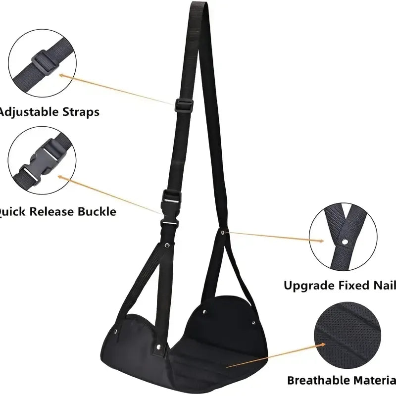 DriveOn Foot Hammock — hanging sling with callouts for the adjustable straps, quick-release buckle and breathable fabric