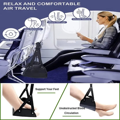 DriveOn Foot Hammock — in use on an aeroplane tray-table arm, with a detail of feet supported in the sling