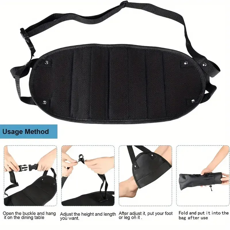 DriveOn Foot Hammock — the padded sling flat with its straps, plus a four-step usage guide