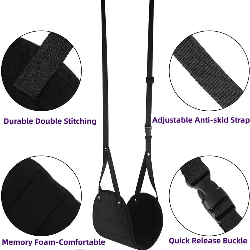 DriveOn Foot Hammock — close-ups of the double stitching, anti-skid strap, memory foam cradle and buckle