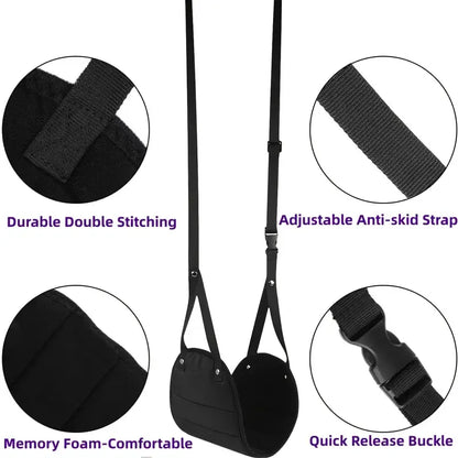 DriveOn Foot Hammock — close-ups of the double stitching, anti-skid strap, memory foam cradle and buckle