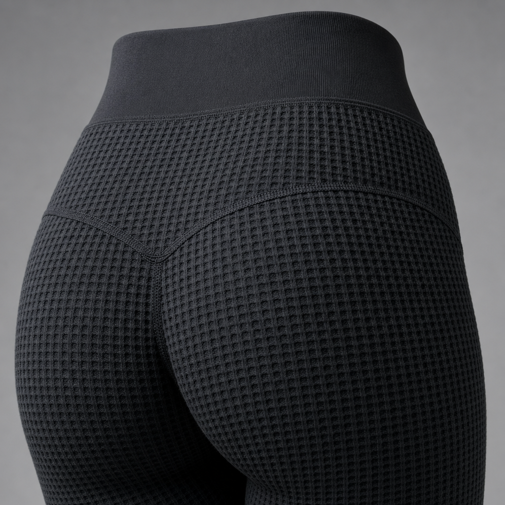 Close-up of the rear waistband and contour seams on the DriveOn Shadow-Knit Contour Leggings, showing the charcoal shadow-knit texture