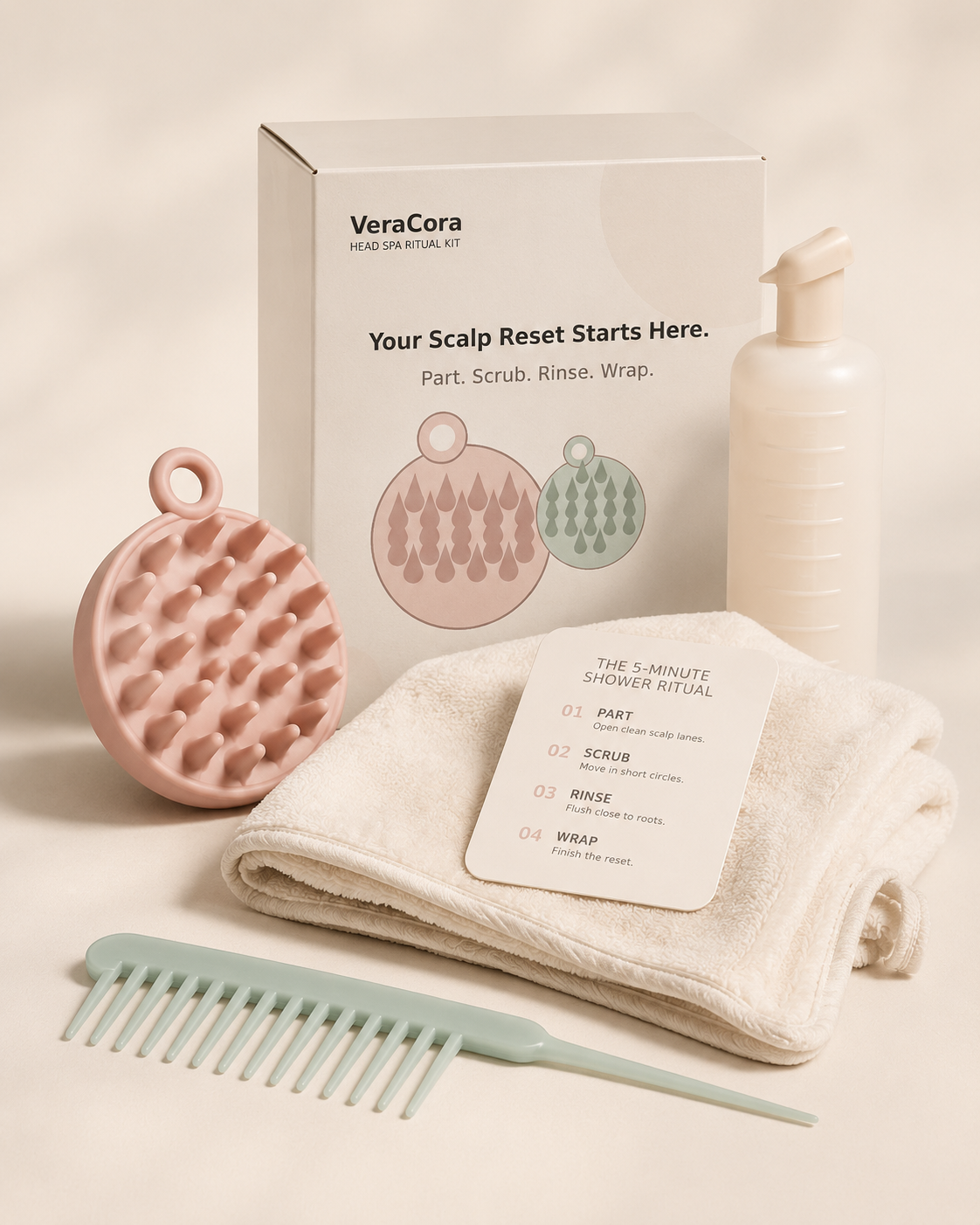 Scalp care ritual kit flat lay with scalp brush comb bottle towel and routine card